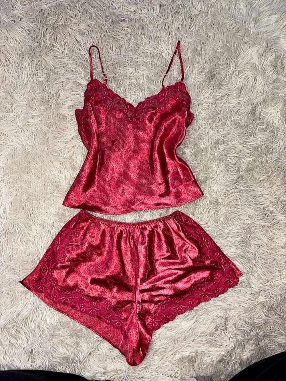 Vintage Victoria's Secret Red Satin Lace Cami & Shorts Pajama Set Small
